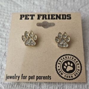 Dog Paw Print Rhinestone Gold Tone Earrings